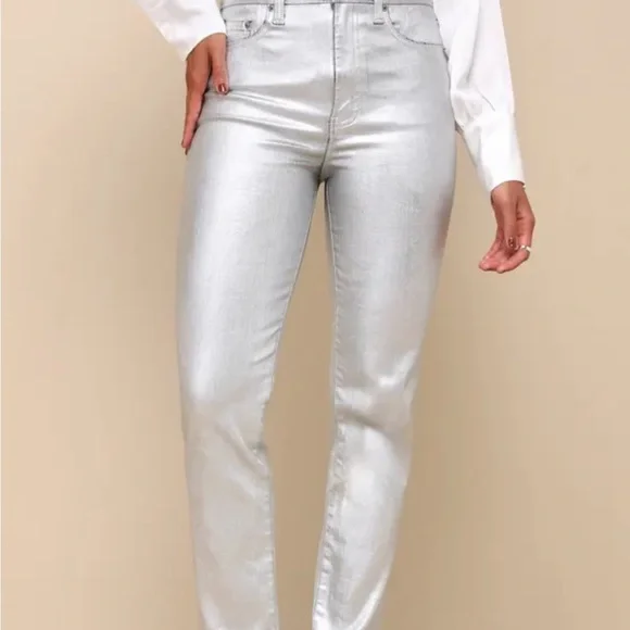 Daze Denim Smarty Pants Silver Coated High-Rise Straight Leg Jeans